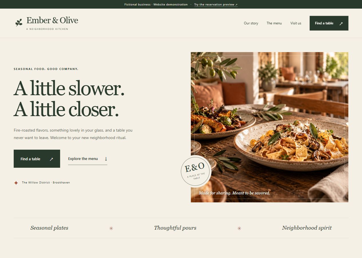Ember & Olive fictional restaurant design, featuring warm colors, food photography, and clear navigation